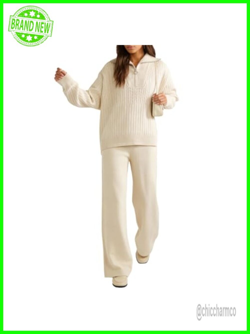 Cozy Ribbed Knit 2-Piece Lounge Set Half-Zip Pullover Wide-Leg Pants